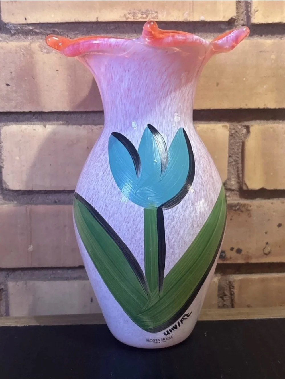 Kosta Boda Ulrica Hydman-Vallien Hand Painted Signed Glass Vase 8 In Tall